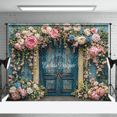 Lofaris Vintage Floral Doorway Photography Backdrop Blue Door with Pink Flowers Secret Garden Wedding Photo Background